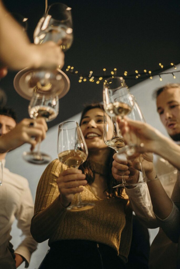 Group of friends toasting with wine glasses smiling joyfully